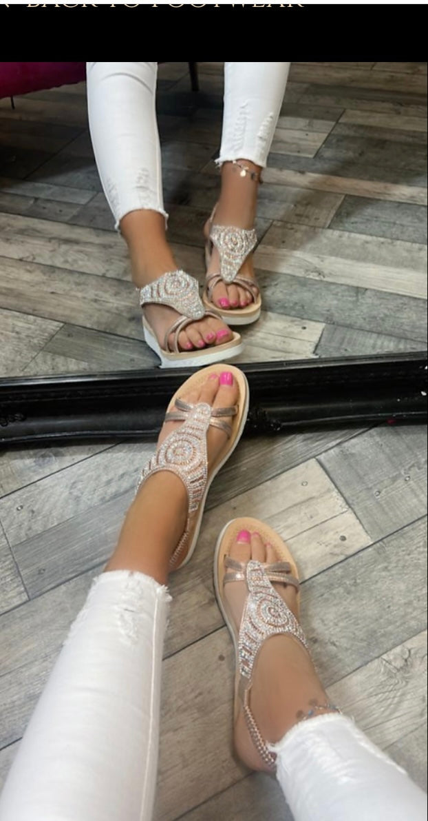 Beige & Silver Diamonds Ring Detailed  Chunky Pull Up Strap Sliders