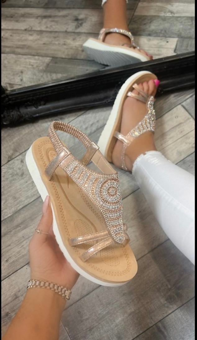 Beige & Silver Diamonds Ring Detailed  Chunky Pull Up Strap Sliders