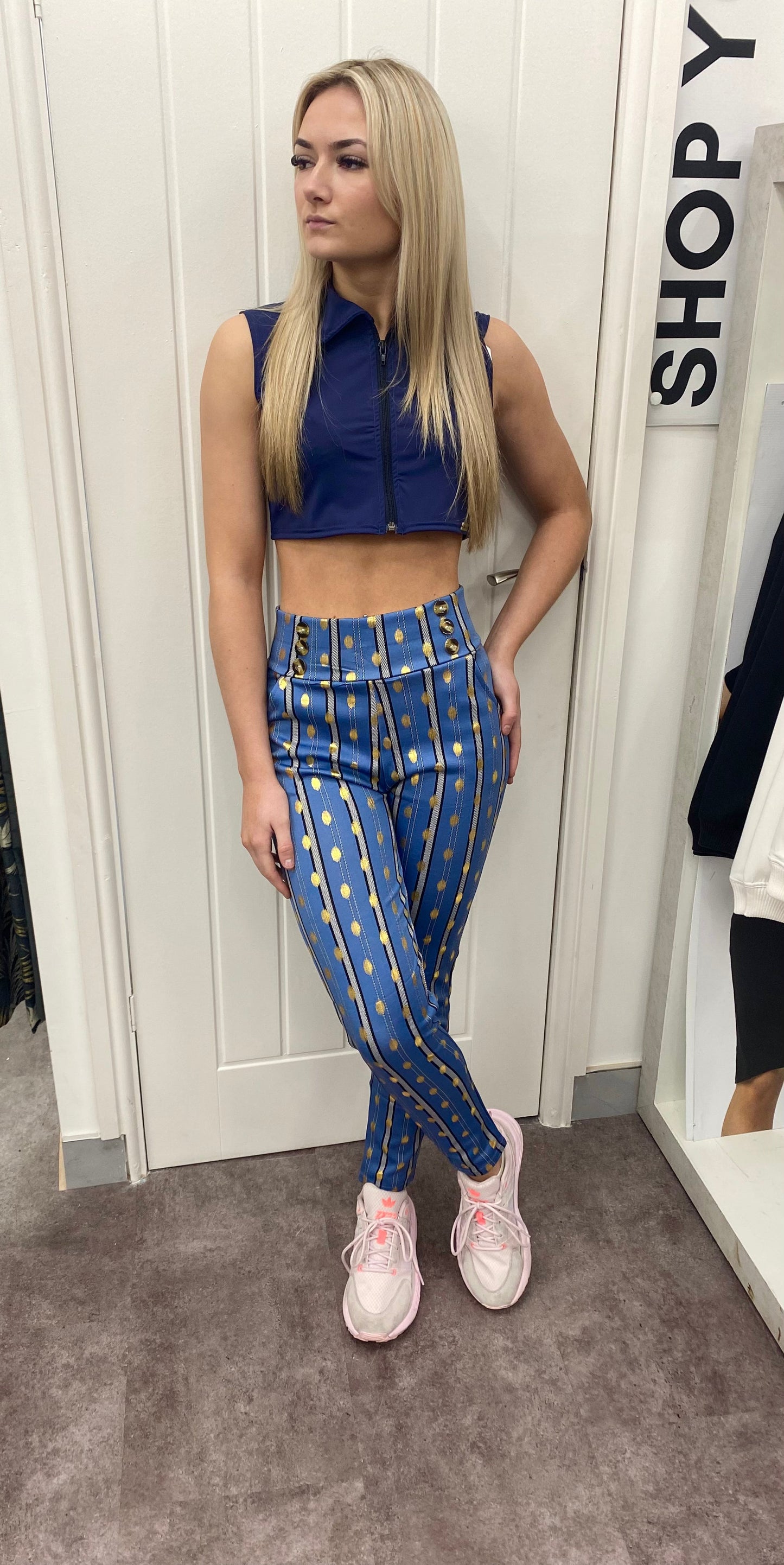 LYCRA GOLD BLUE  BUTTON LEGGINGS & ZIP COLLAR TOP