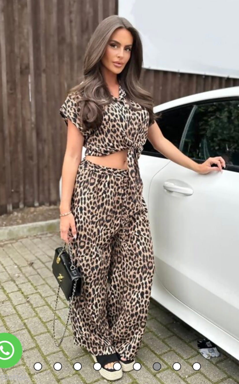 LEOPARD TIE FRONT CROP TOP AND FLARED TROUSER SET