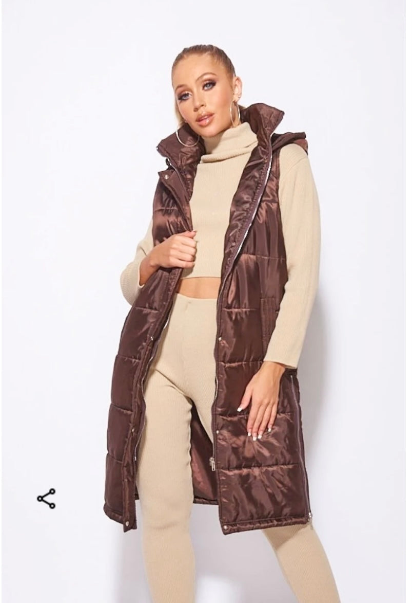 Brown Metallic Hooded Longline Puffer Gillet