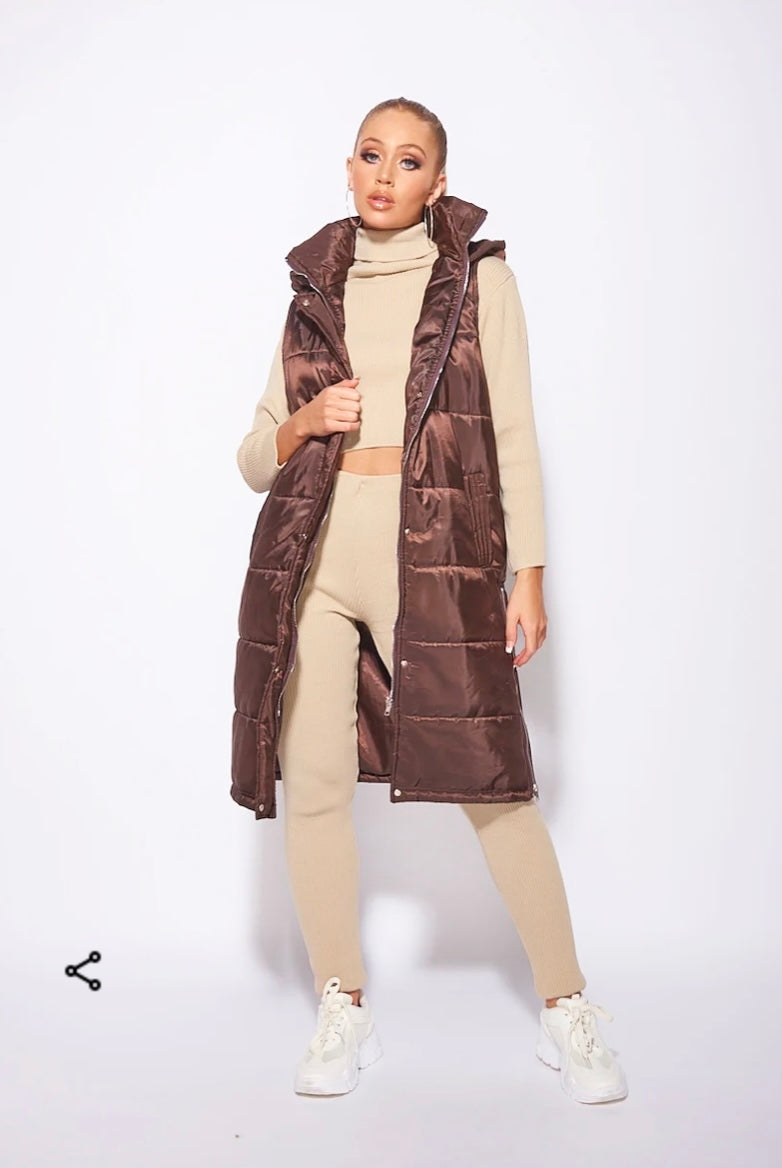 Brown Metallic Hooded Longline Puffer Gillet