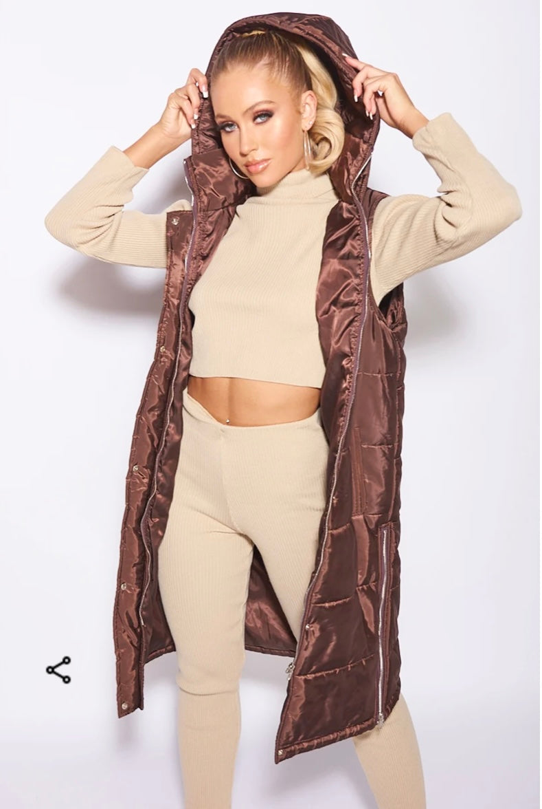 Brown Metallic Hooded Longline Puffer Gillet