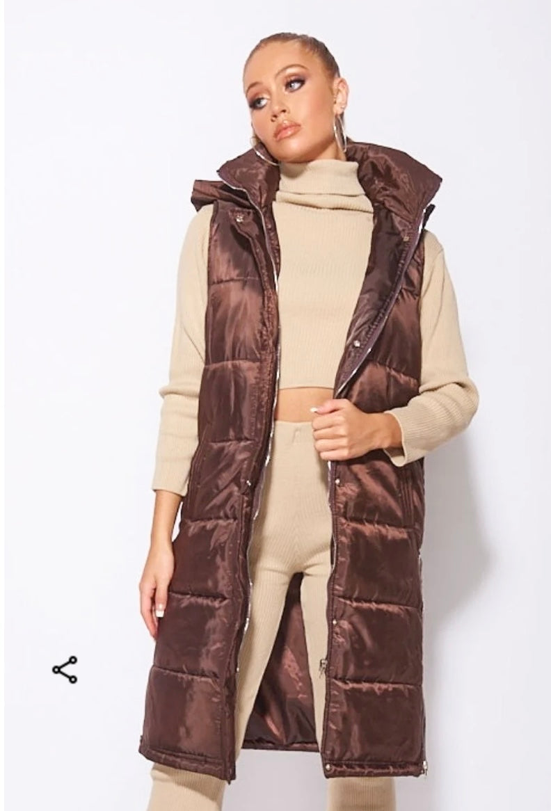 Brown Metallic Hooded Longline Puffer Gillet