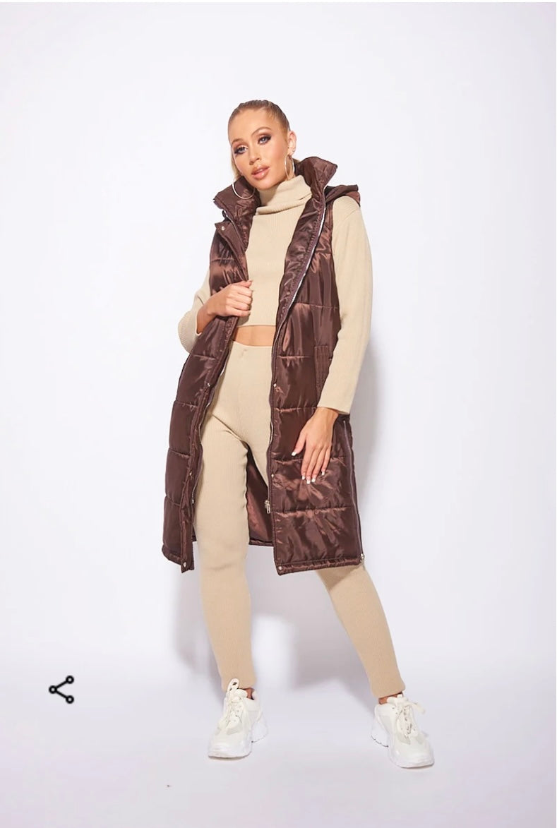 Brown Metallic Hooded Longline Puffer Gillet