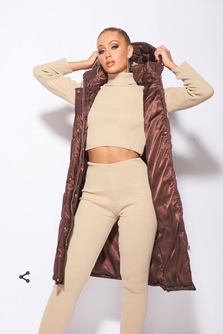 Brown Metallic Hooded Longline Puffer Gillet
