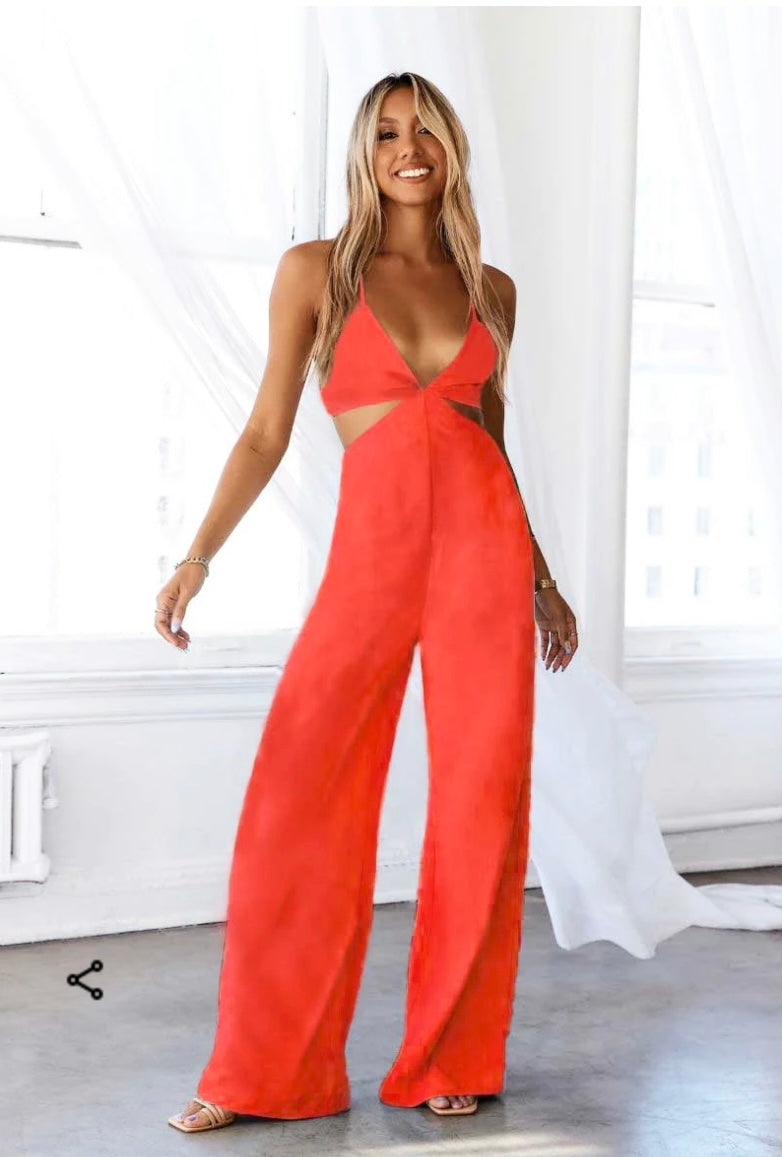 Cut Out Waist Wide Leg Orange Jumpsuit