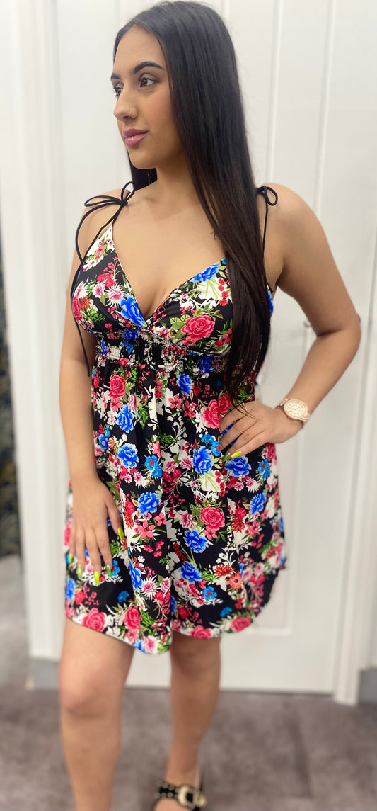 HALLIE BLUE BLACK FLORAL PRINT SHOULDER STRAP DRESS