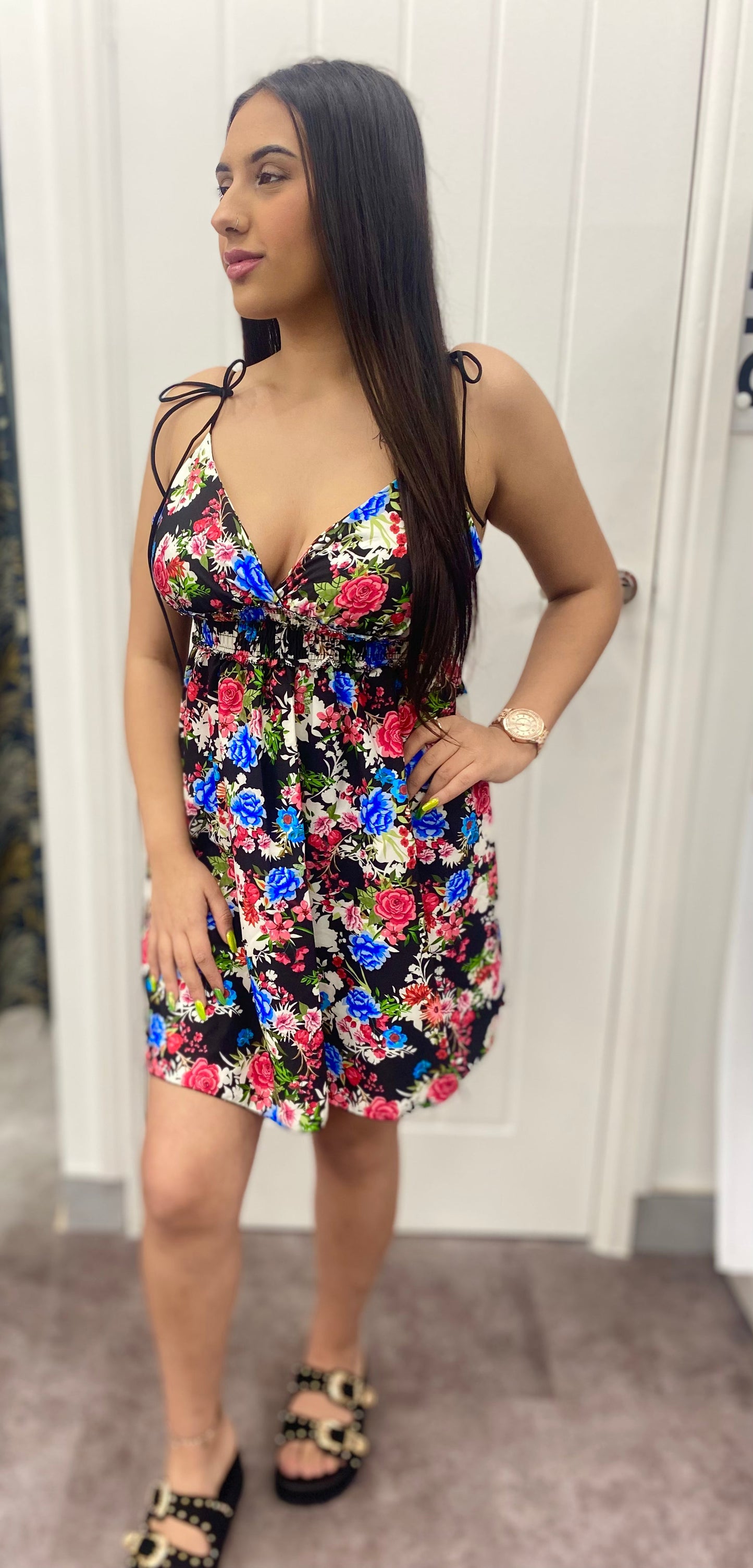 HALLIE BLUE BLACK FLORAL PRINT SHOULDER STRAP DRESS