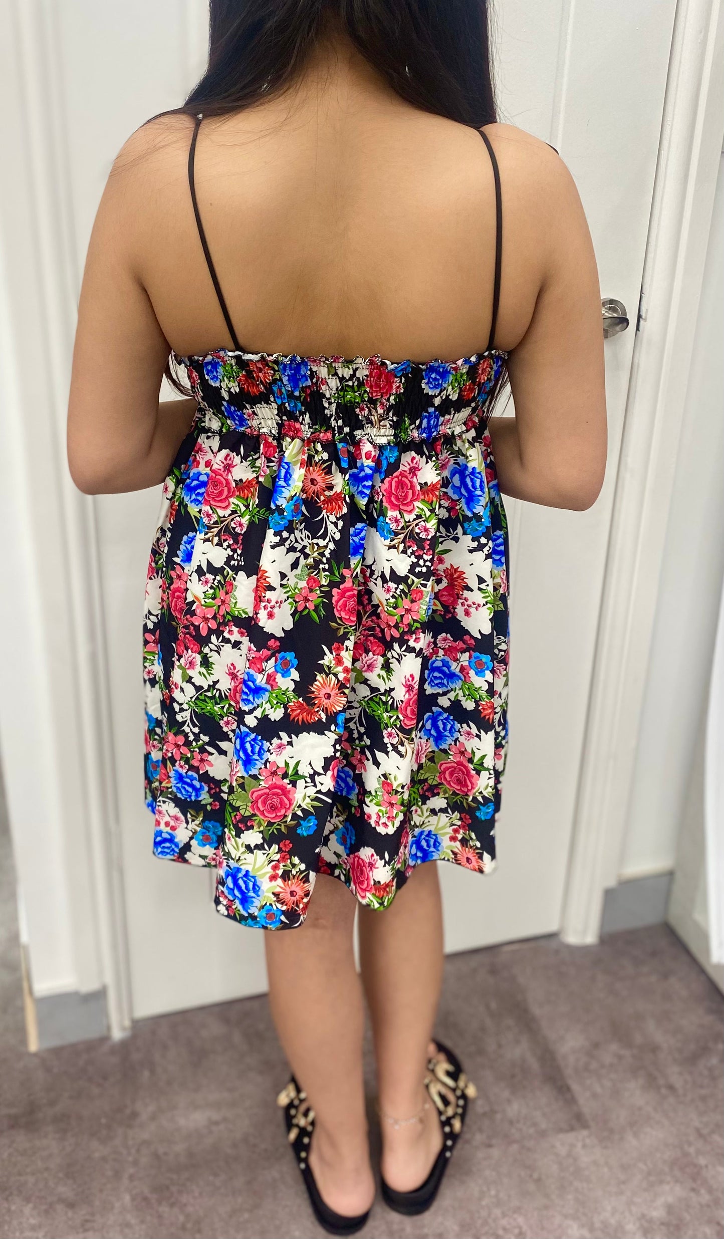 HALLIE BLUE BLACK FLORAL PRINT SHOULDER STRAP DRESS