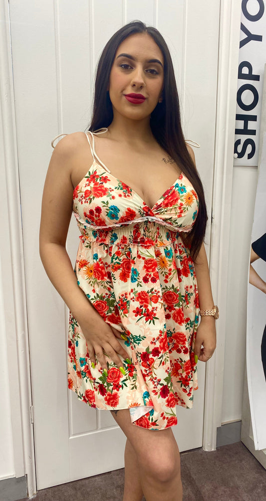 HALLIE RED AND CREAM FLORAL PRINT SHOULDER STRAP DRESS
