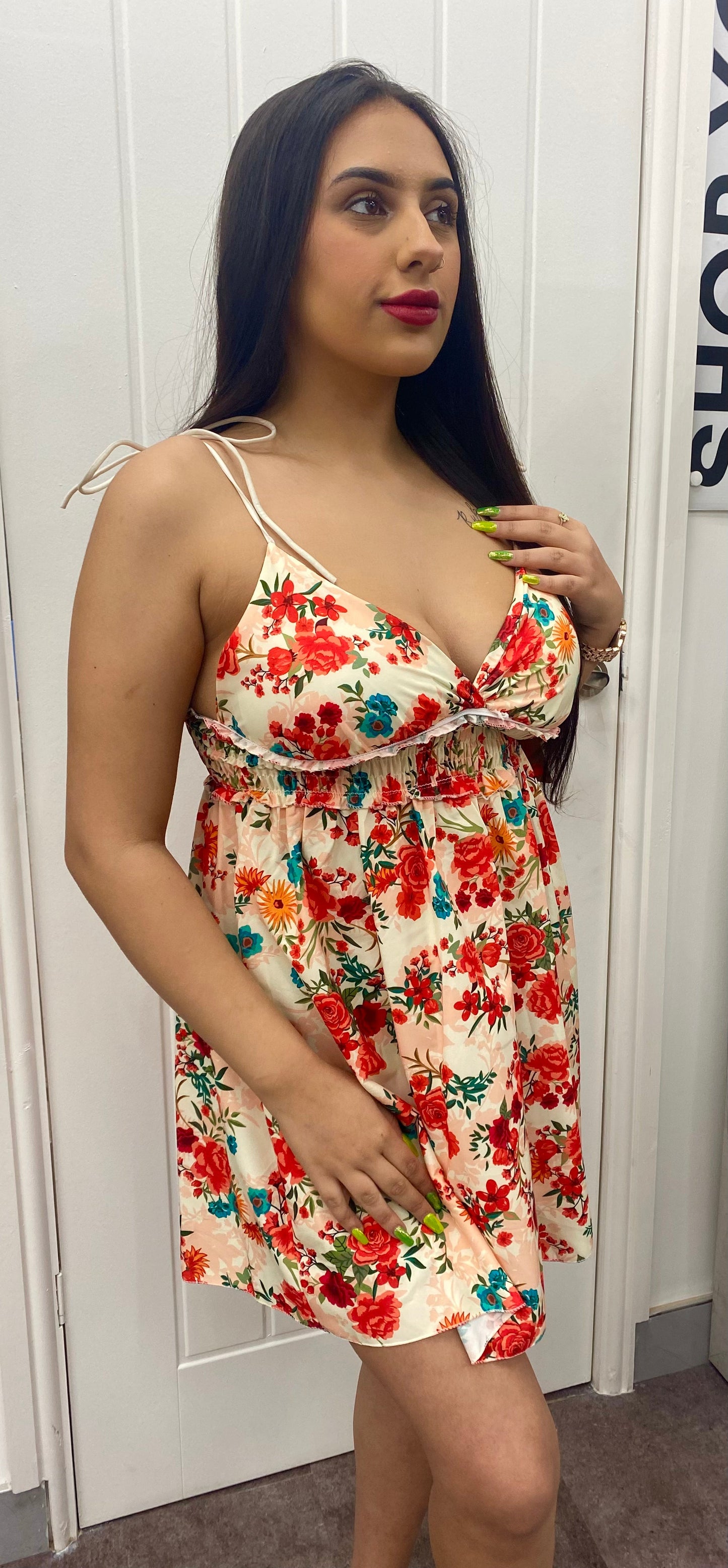 HALLIE RED AND CREAM FLORAL PRINT SHOULDER STRAP DRESS