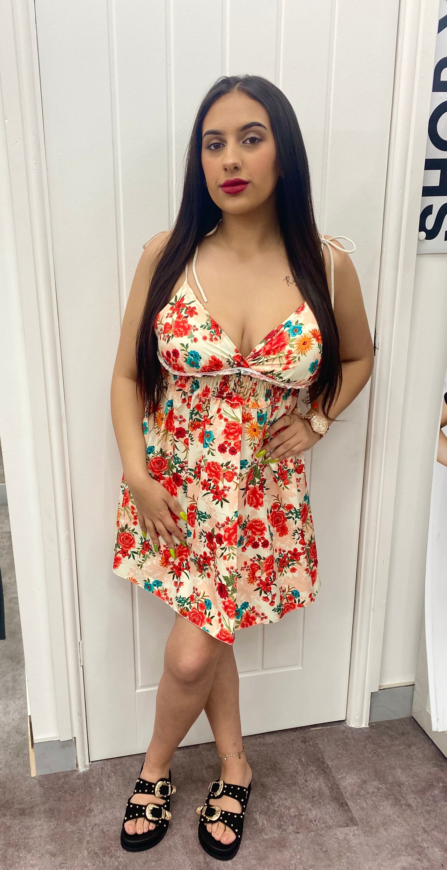 HALLIE RED AND CREAM FLORAL PRINT SHOULDER STRAP DRESS