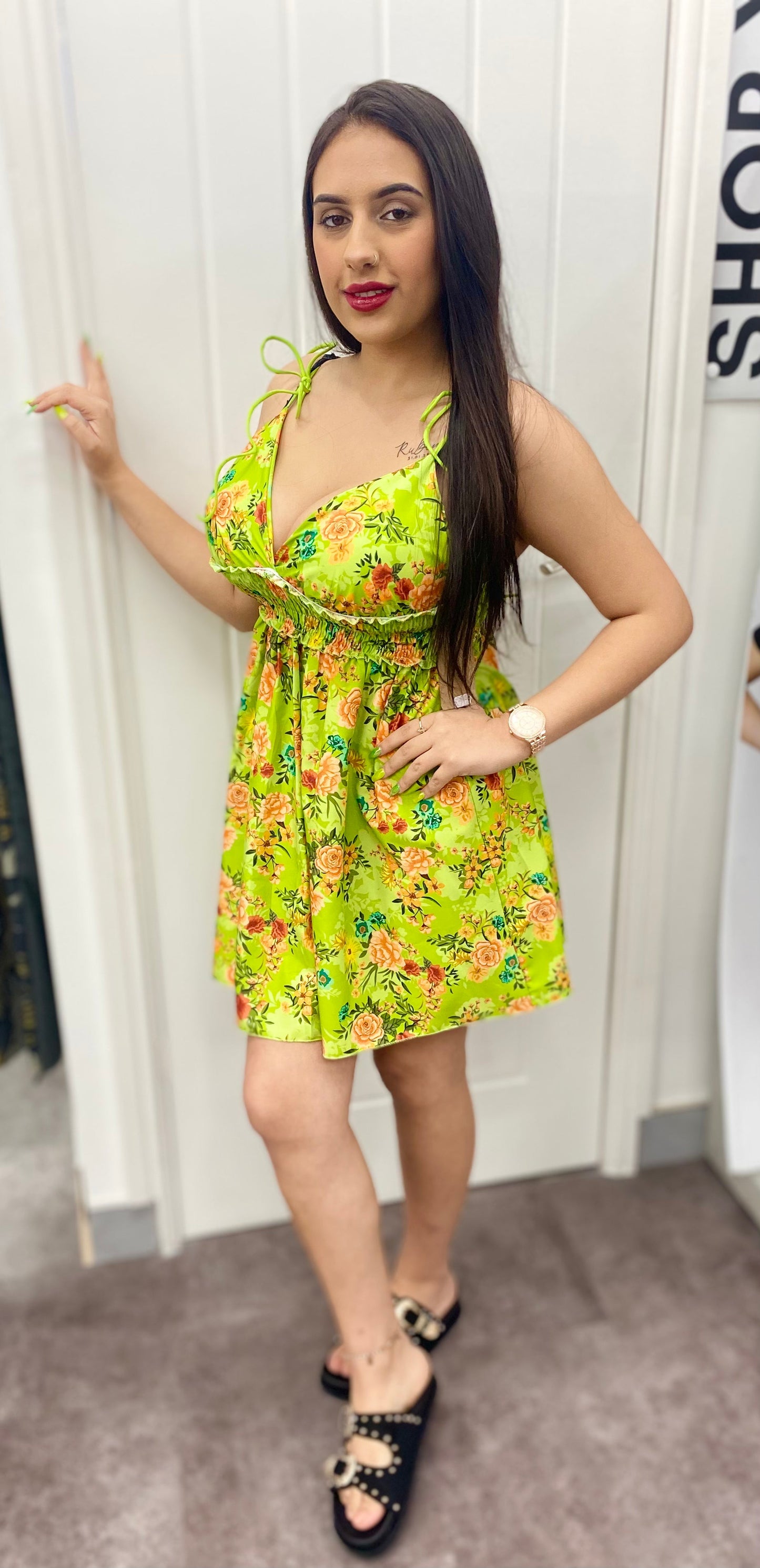 HALLIE MINT GREEN FLORAL PRINT SHOULDER STRAP DRESS