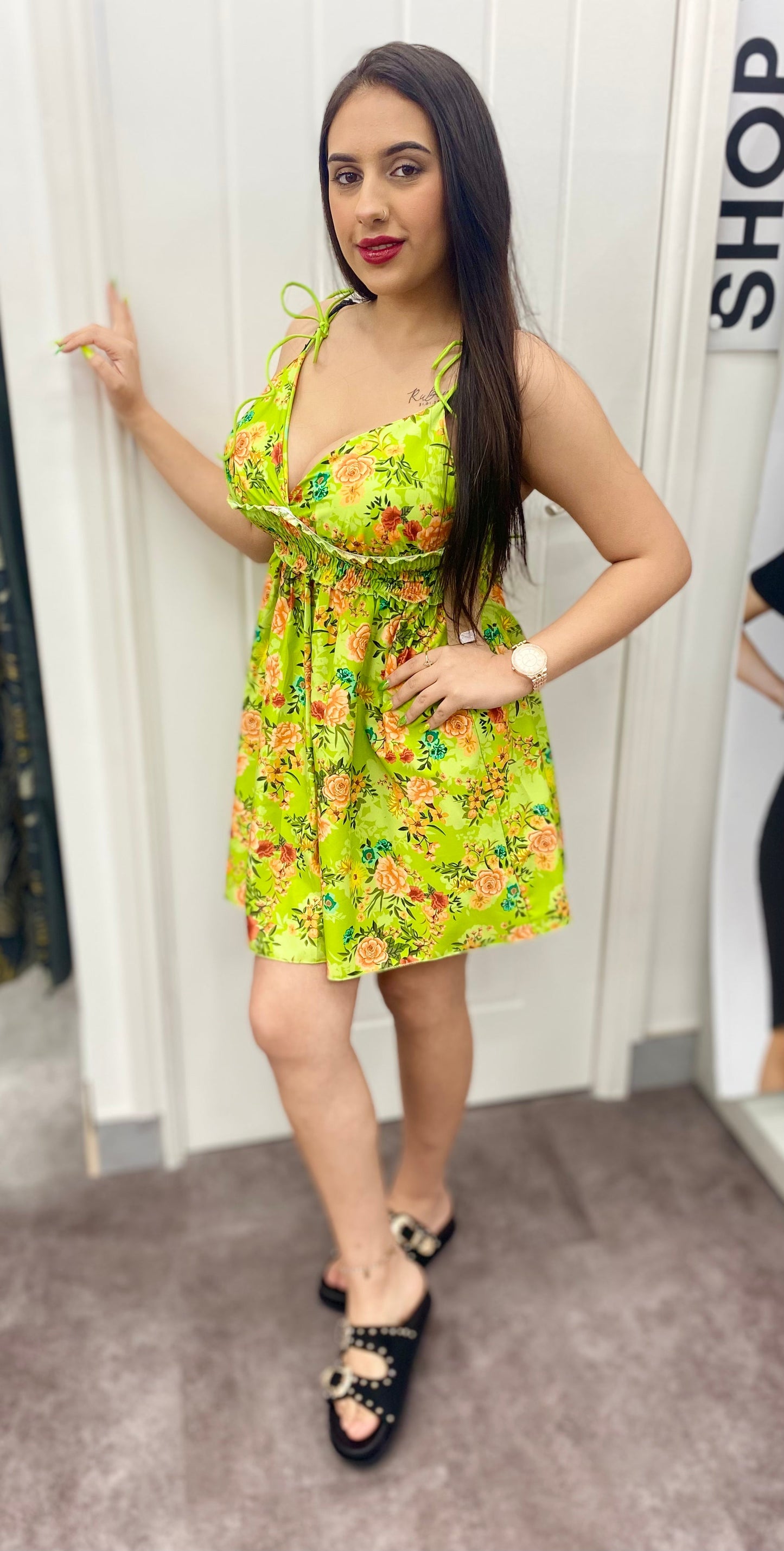 HALLIE MINT GREEN FLORAL PRINT SHOULDER STRAP DRESS
