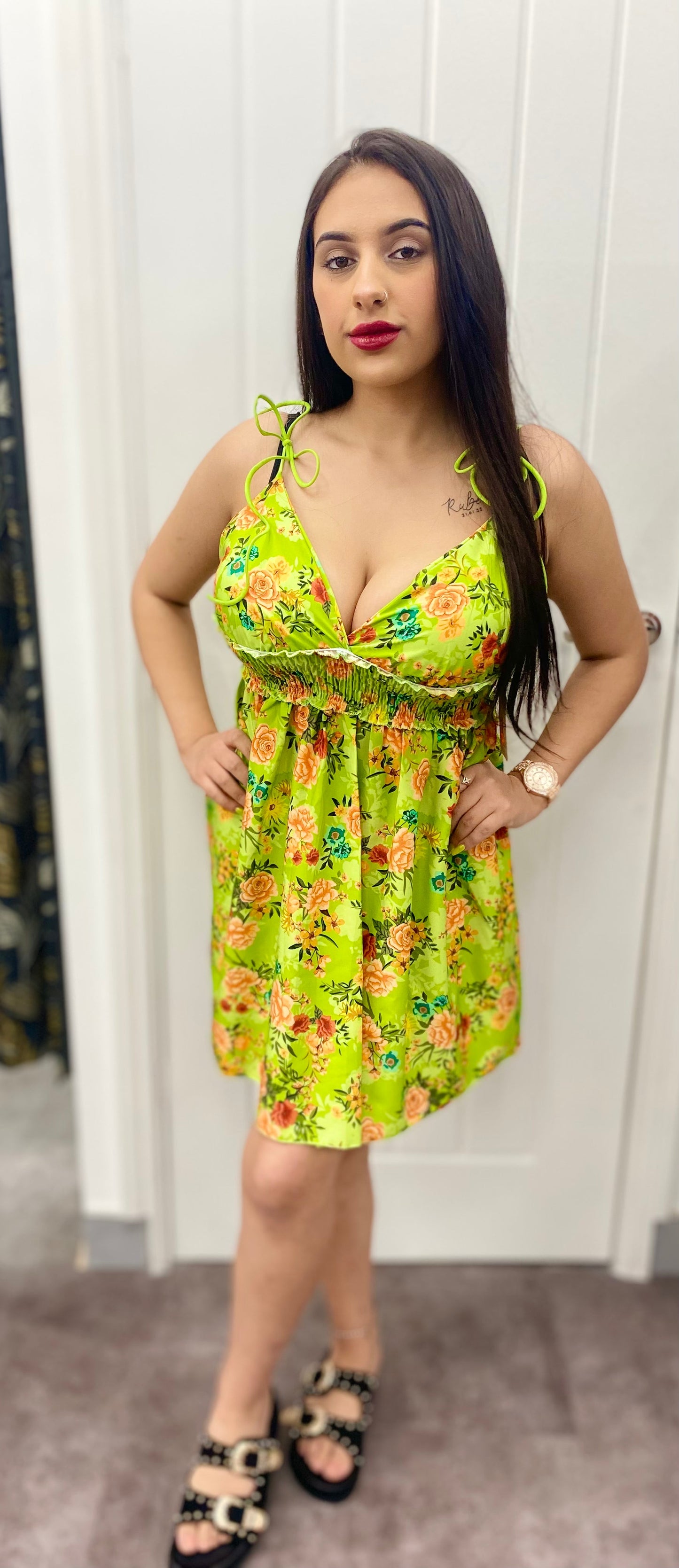 HALLIE MINT GREEN FLORAL PRINT SHOULDER STRAP DRESS