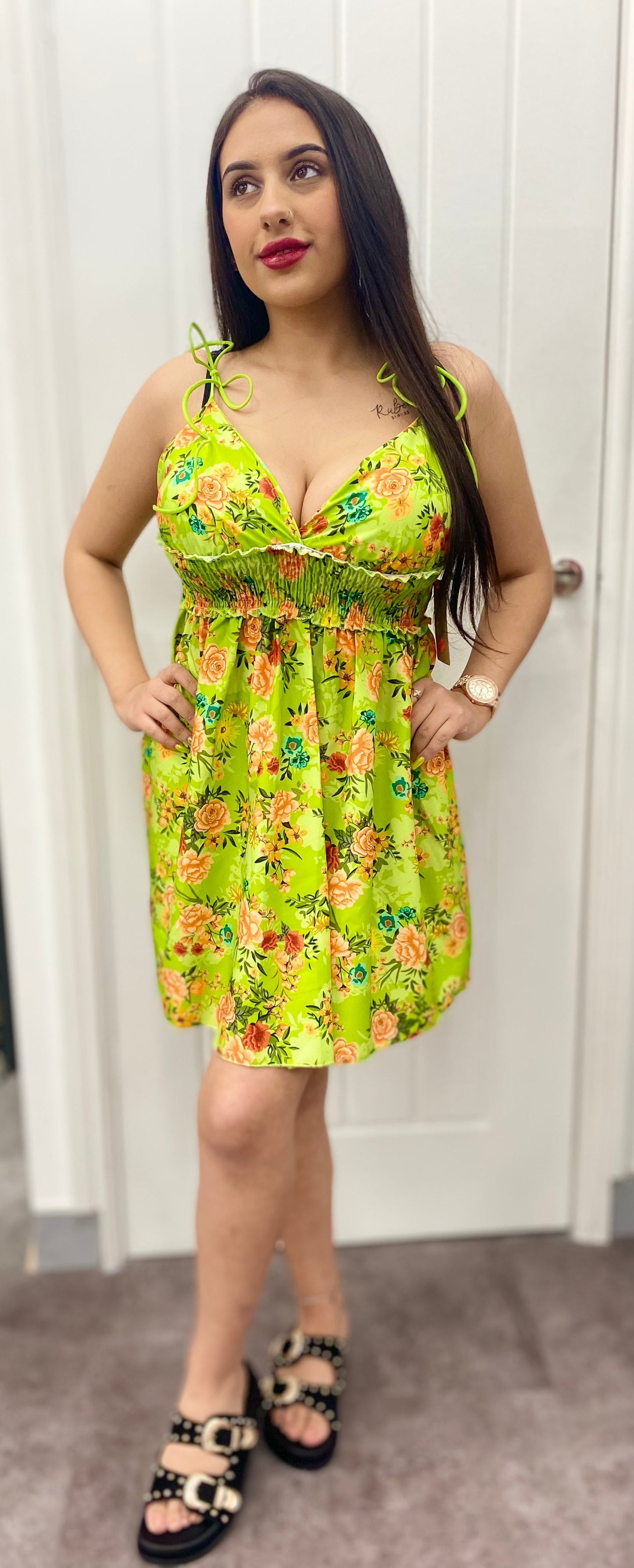 HALLIE MINT GREEN FLORAL PRINT SHOULDER STRAP DRESS