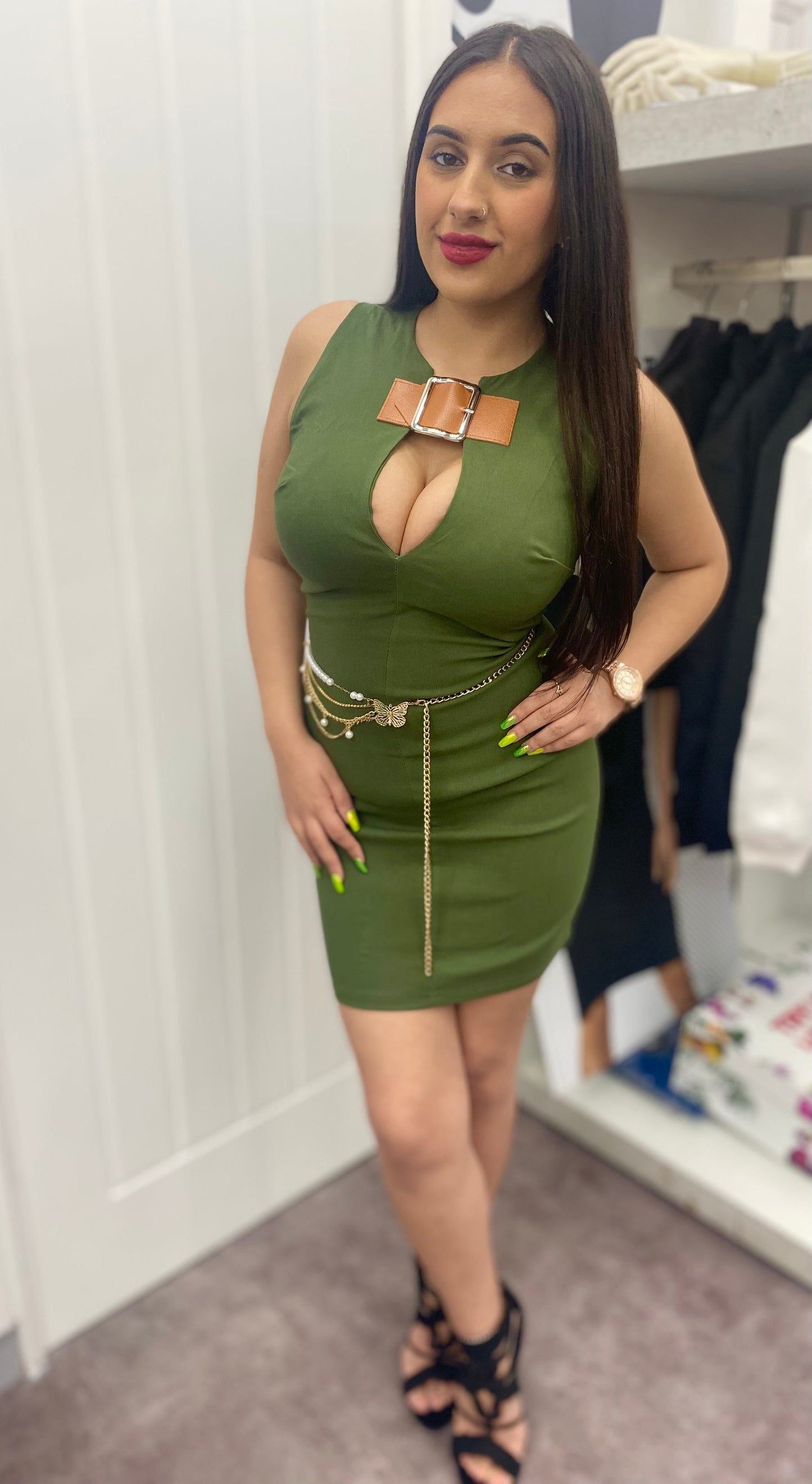 LOLA KHAKI BELT CUT OUT SLEEVELESS MINI DRESS