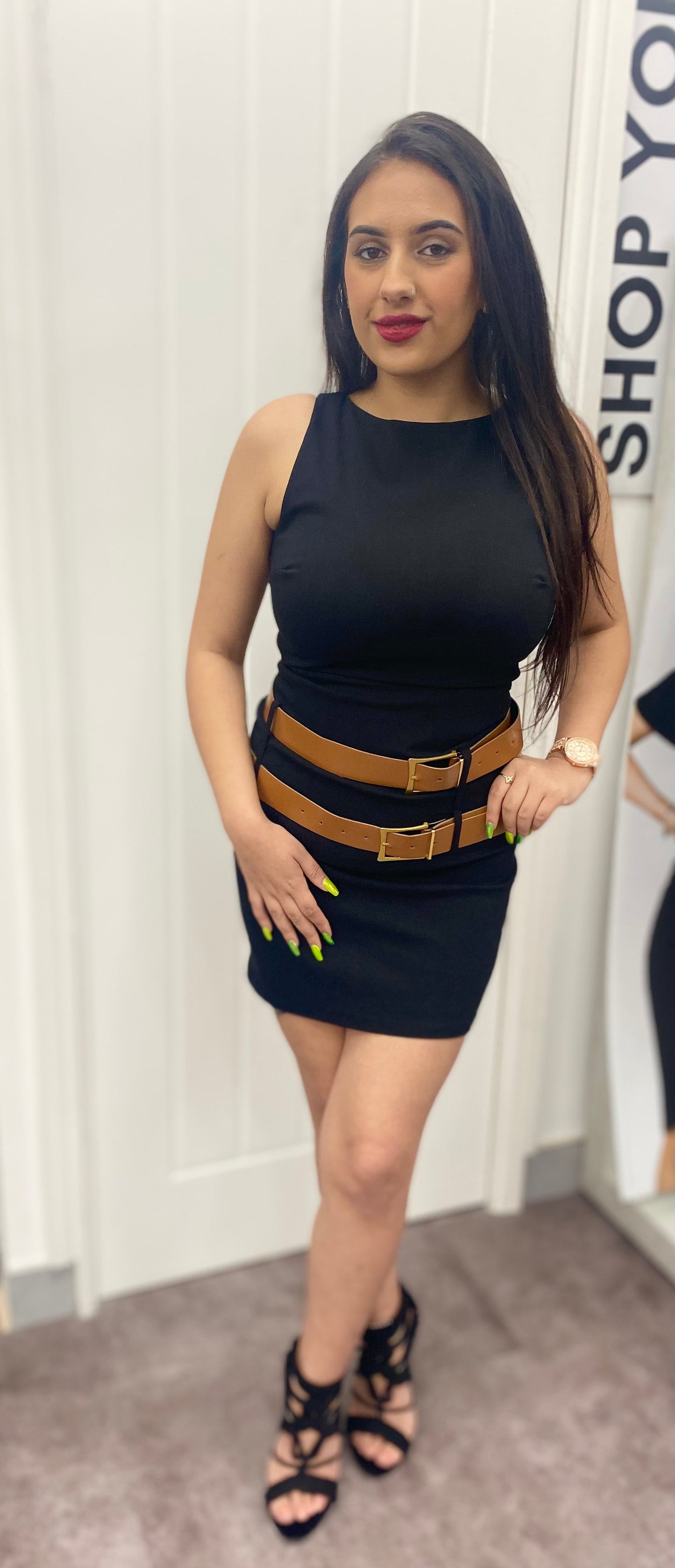 ROSIE BLACK DOUBLE BELTED STRETCH SLEEVELESS MINI DRESS