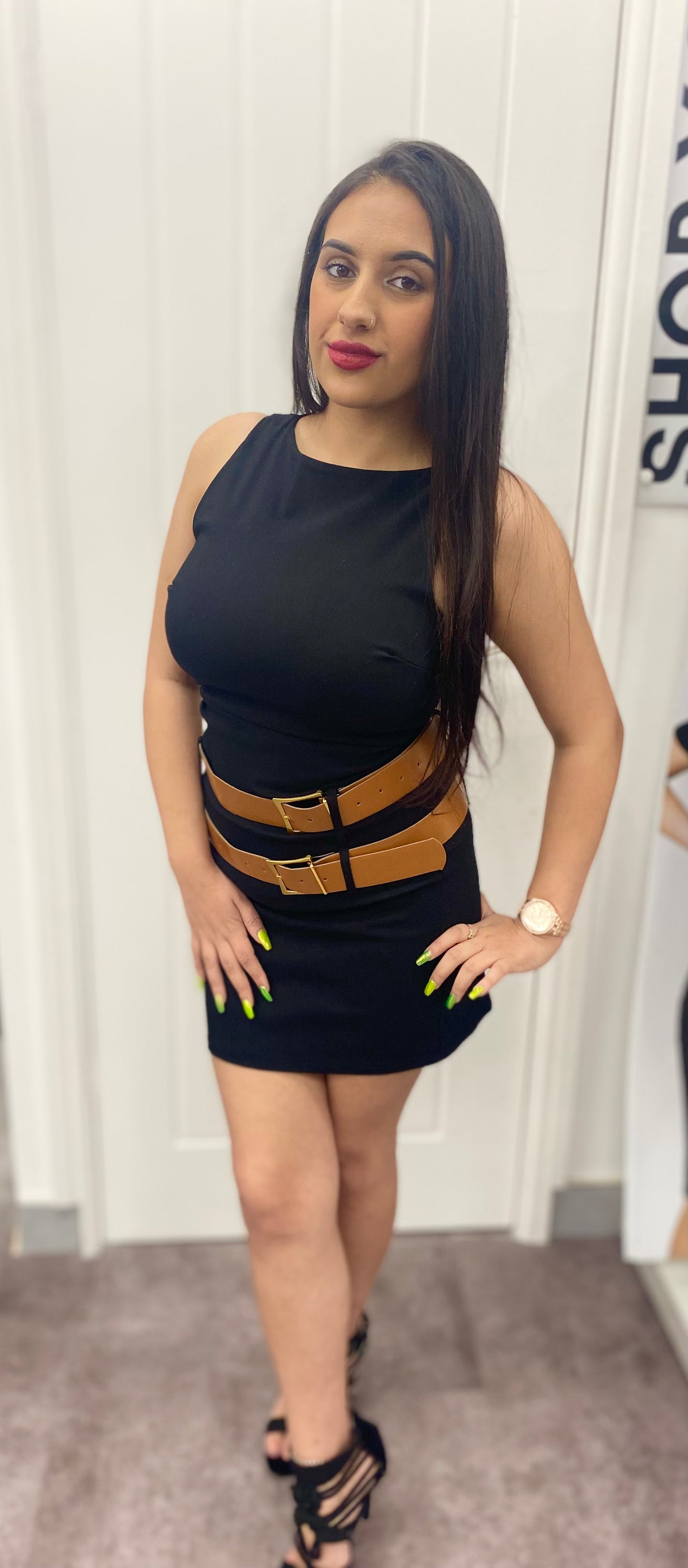 ROSIE BLACK DOUBLE BELTED STRETCH SLEEVELESS MINI DRESS