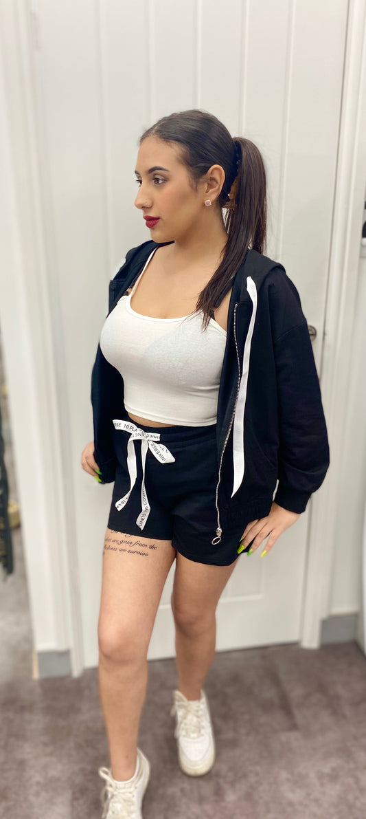 BLACK CHEESE COTTON ZIP HOODIE WITH WHITE VEST & SHORTS CO-ORD