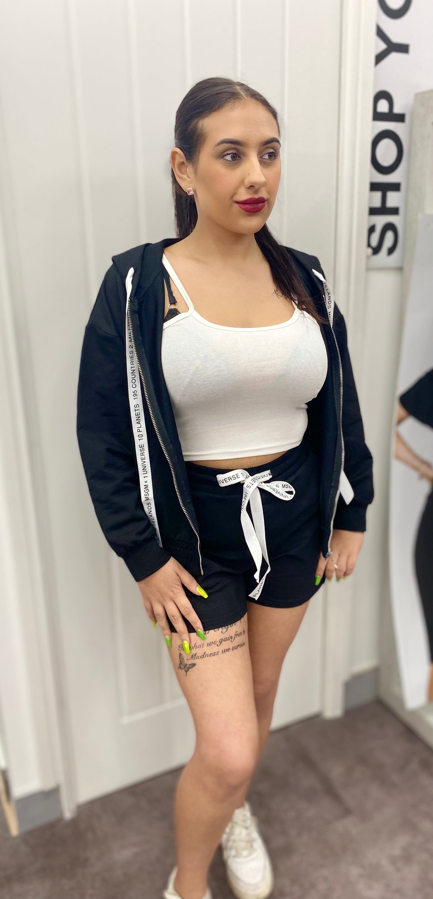 BLACK CHEESE COTTON ZIP HOODIE WITH WHITE VEST & SHORTS CO-ORD