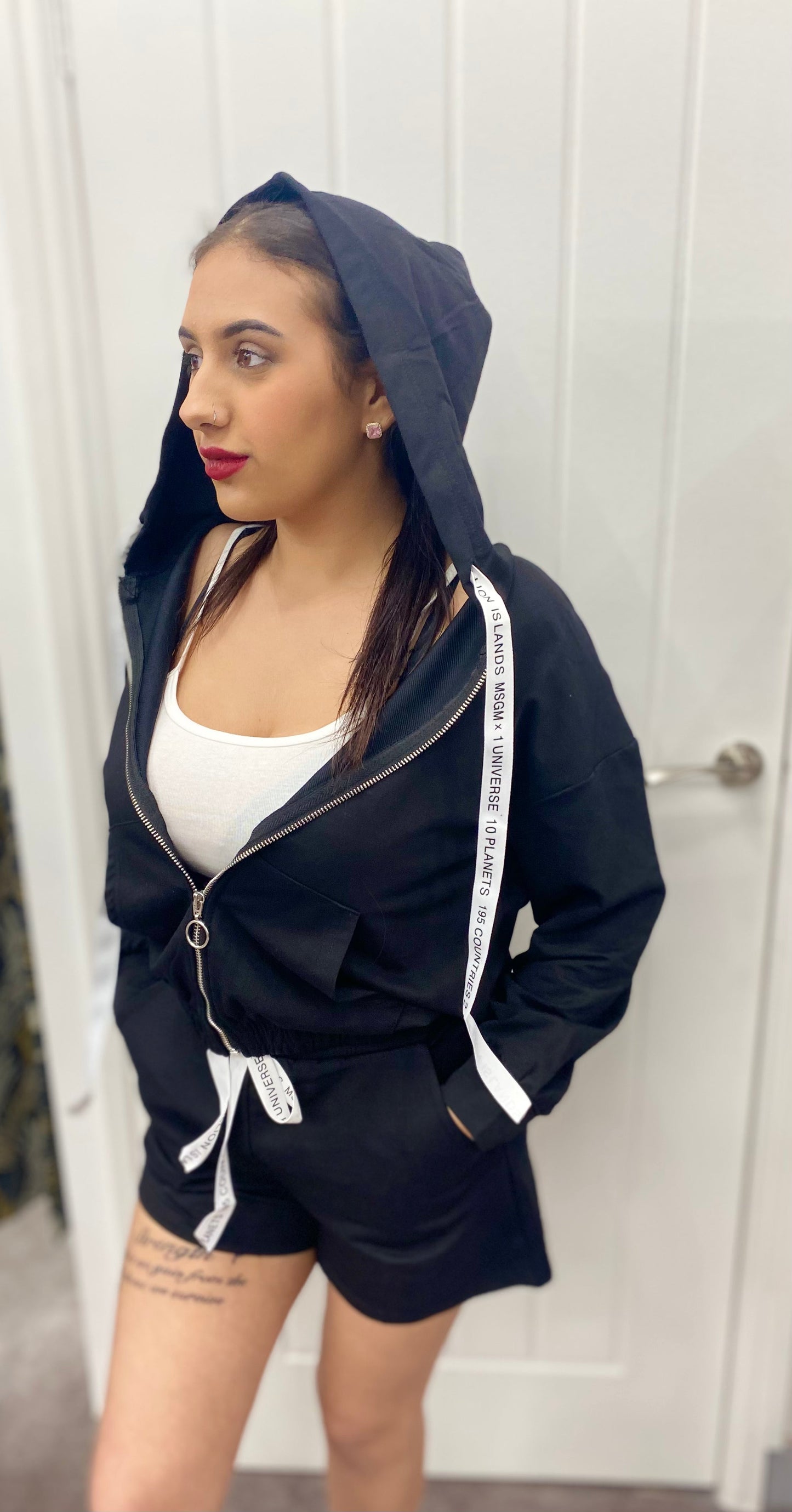 BLACK CHEESE COTTON ZIP HOODIE WITH WHITE VEST & SHORTS CO-ORD