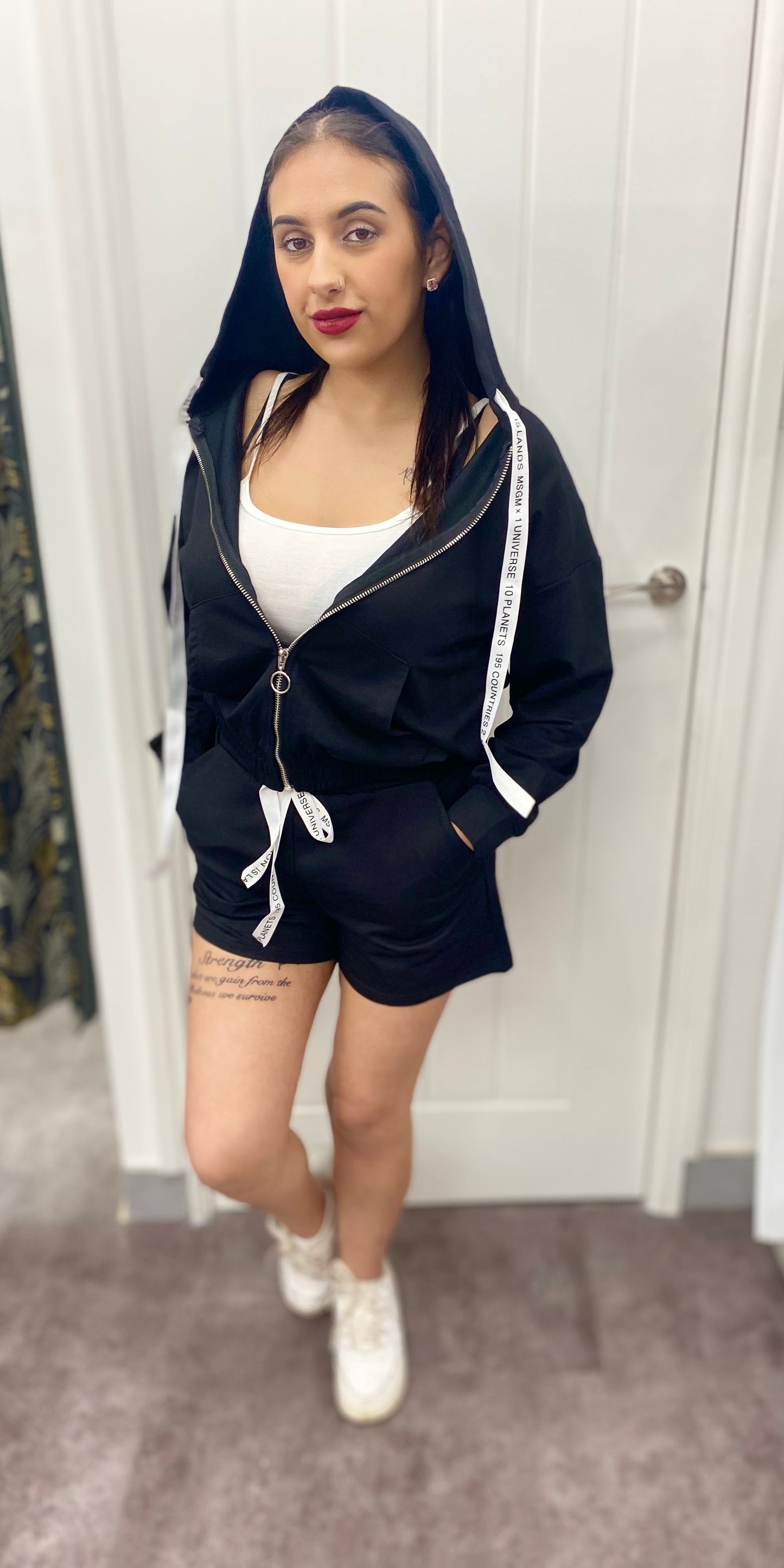 BLACK CHEESE COTTON ZIP HOODIE WITH WHITE VEST & SHORTS CO-ORD