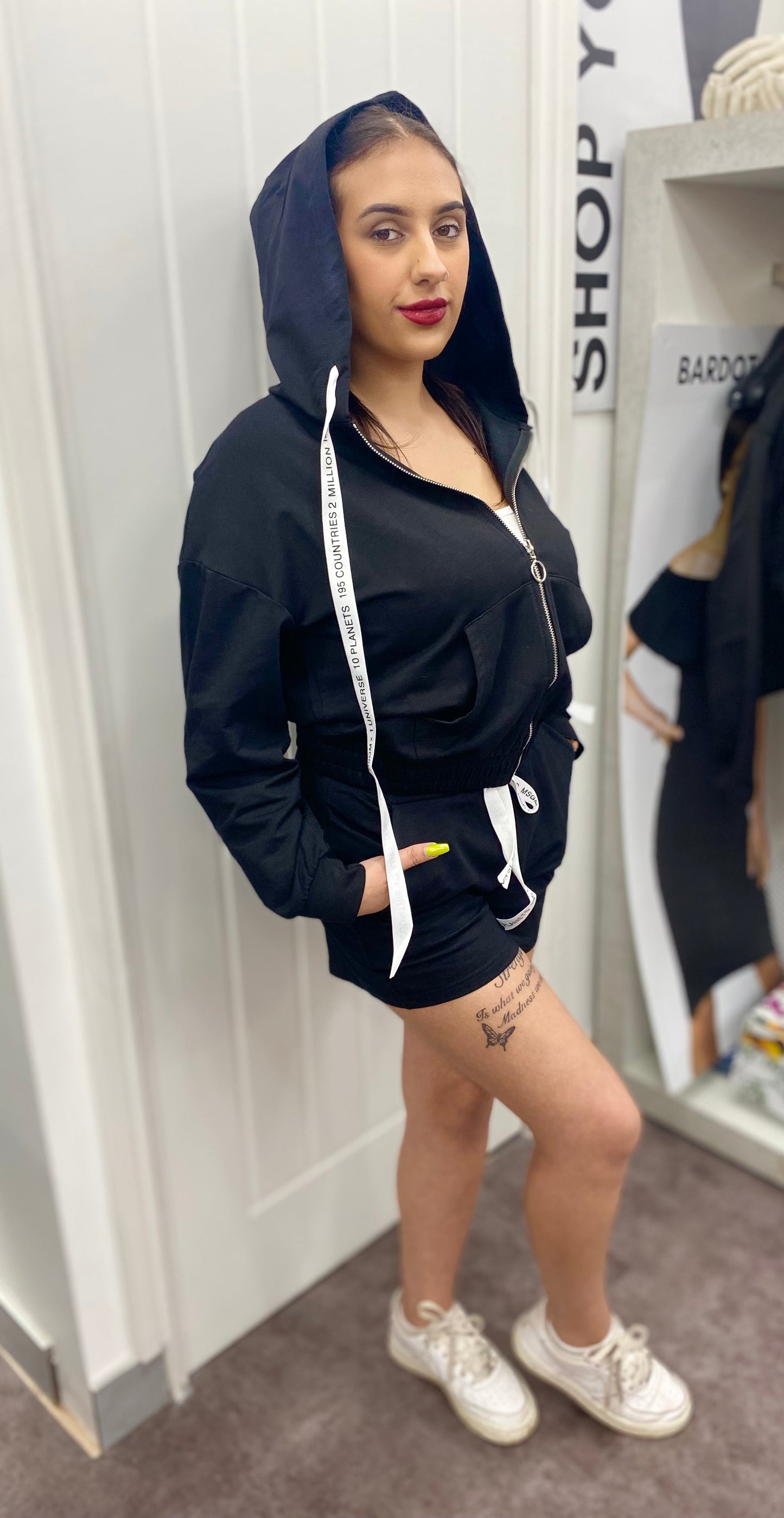BLACK CHEESE COTTON ZIP HOODIE WITH WHITE VEST & SHORTS CO-ORD
