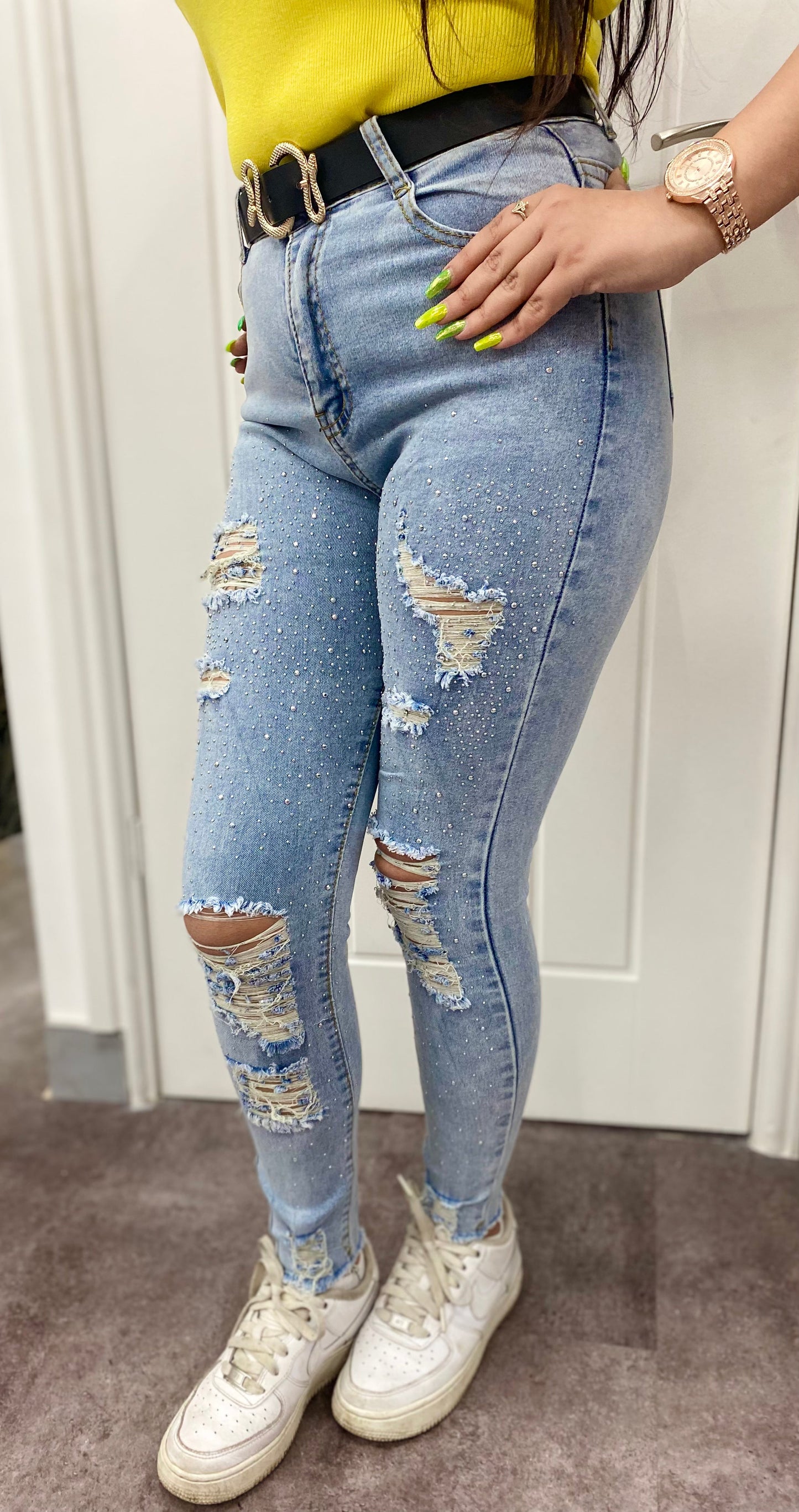 SKY BLUE DISTRESSED STRETCH DENIM DIAMOND STUDDED  HIGH WAIST JEANS