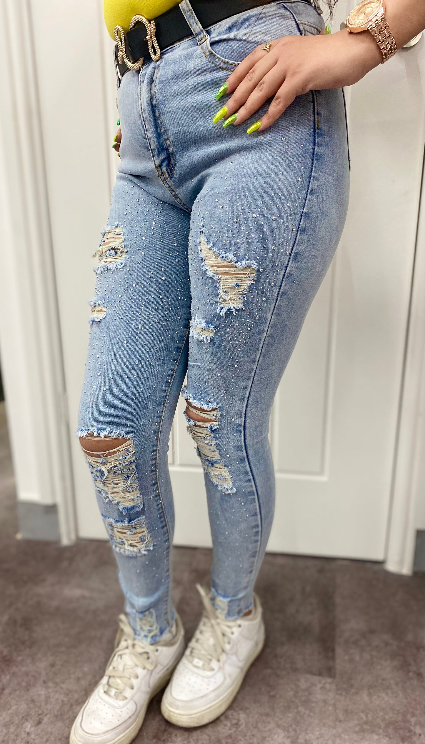 SKY BLUE DISTRESSED STRETCH DENIM DIAMOND STUDDED  HIGH WAIST JEANS