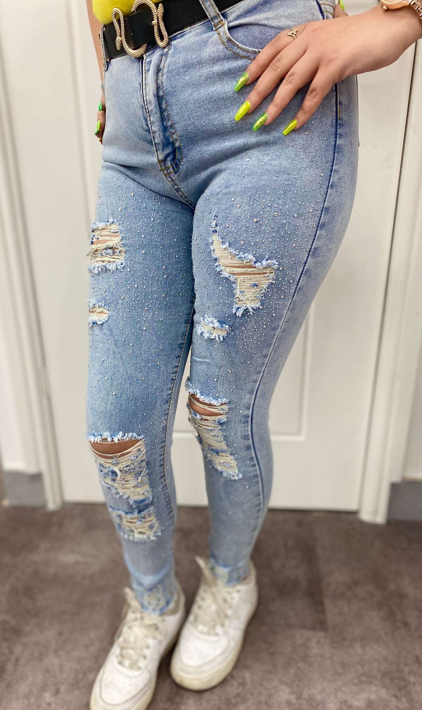 SKY BLUE DISTRESSED STRETCH DENIM DIAMOND STUDDED  HIGH WAIST JEANS