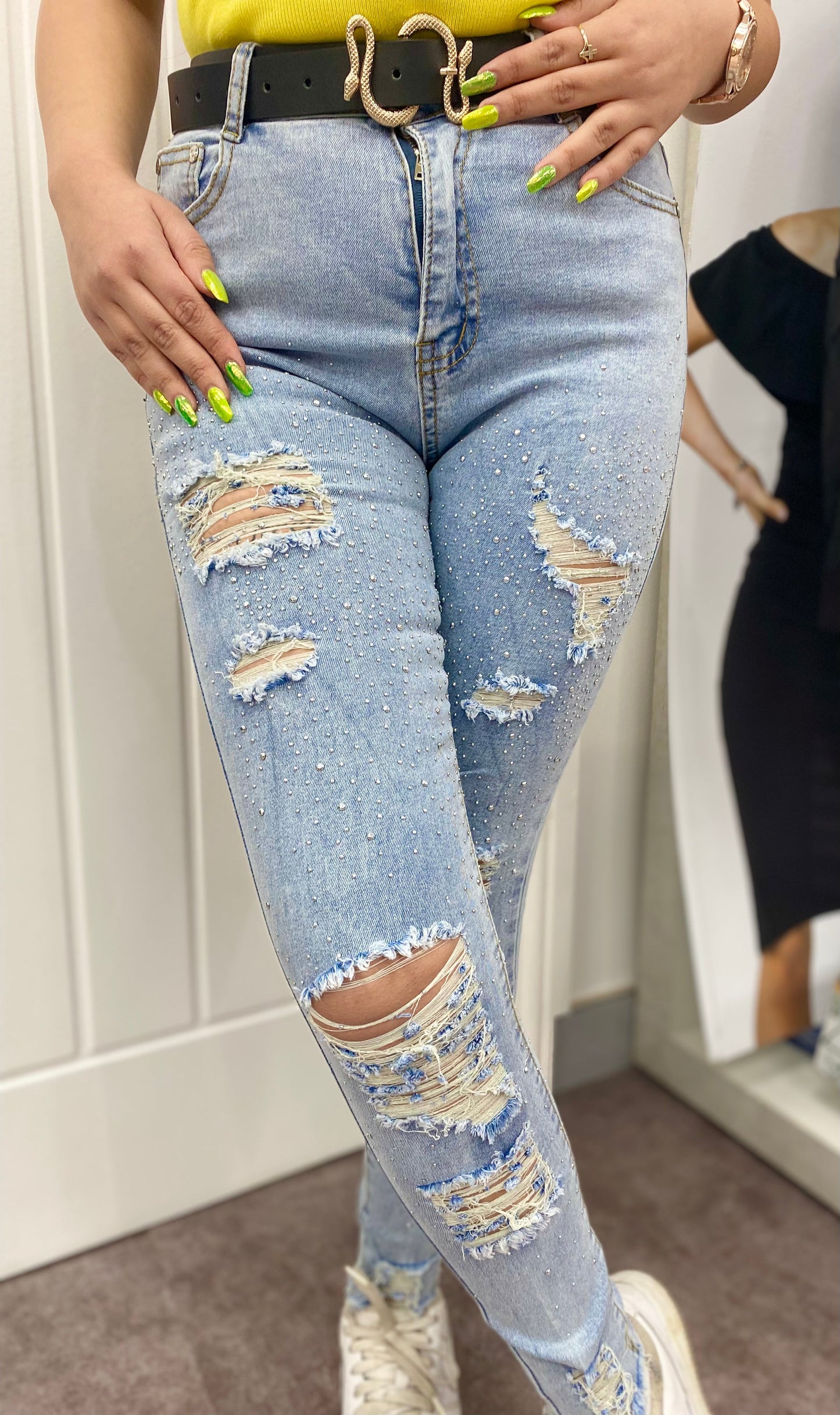 SKY BLUE DISTRESSED STRETCH DENIM DIAMOND STUDDED  HIGH WAIST JEANS