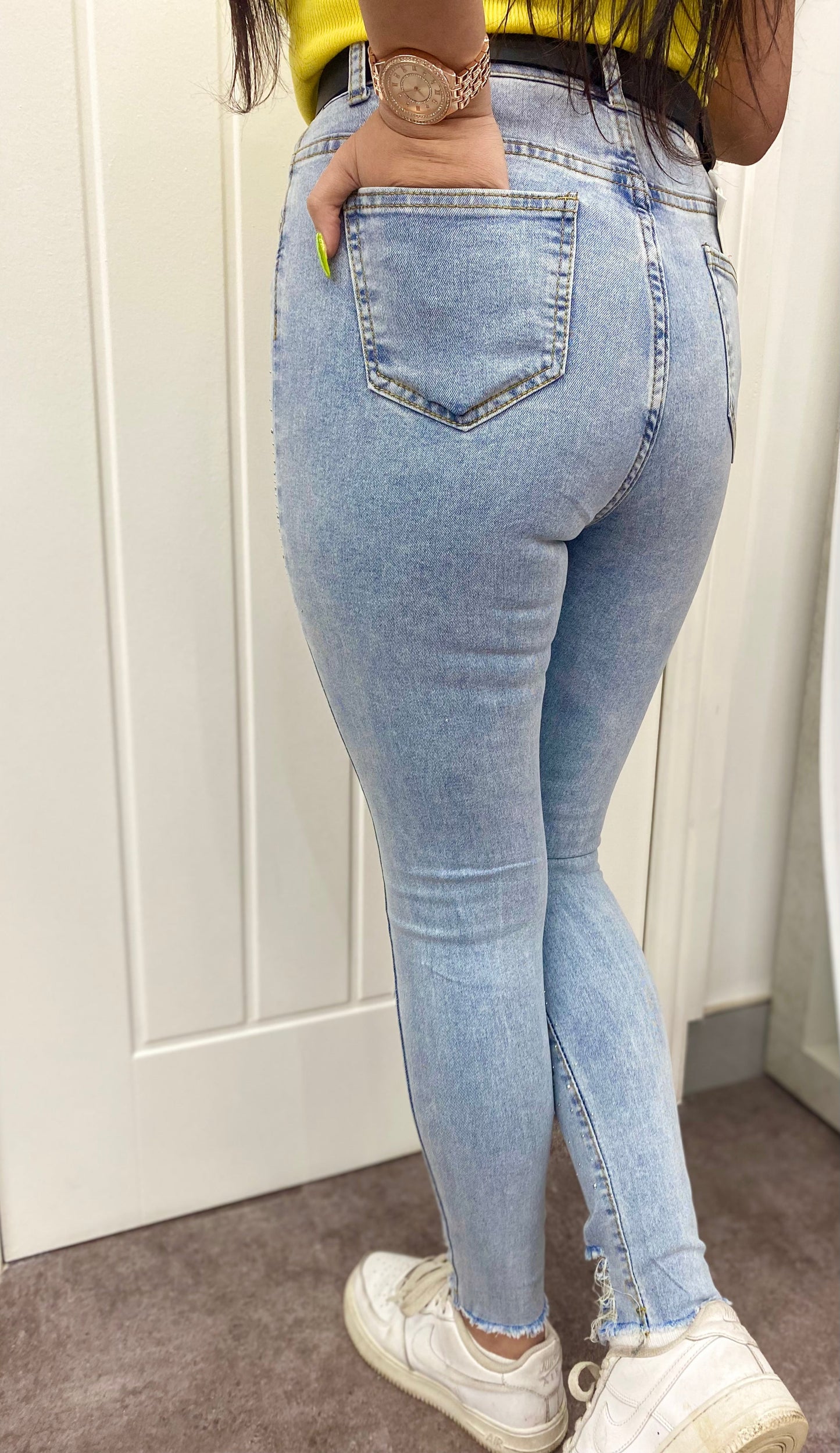 SKY BLUE DISTRESSED STRETCH DENIM DIAMOND STUDDED  HIGH WAIST JEANS
