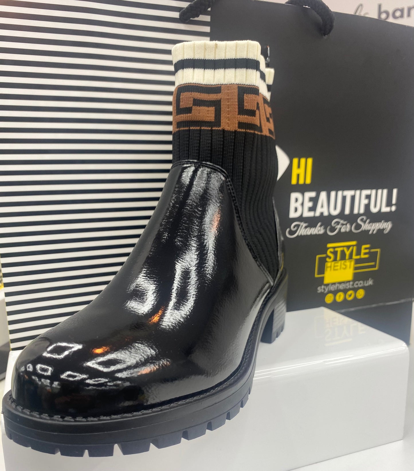 Black Faux Suede & Patent Leather Chunky Ankle Boots
