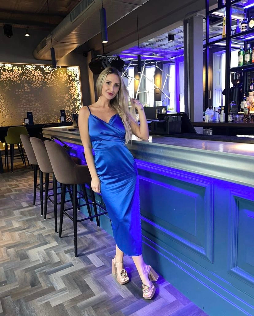 Royal Blue Silk Satin Cowl Neck Strappy Dress