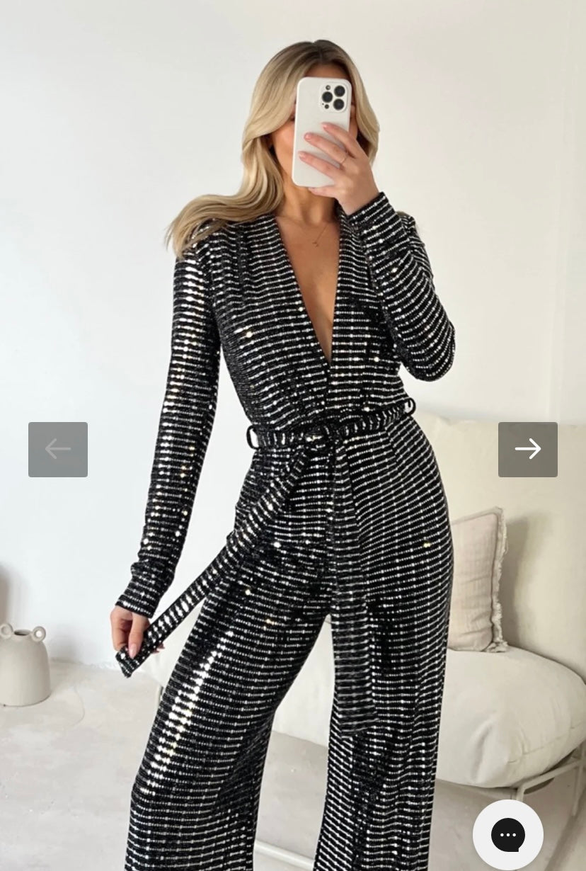 TARA SILVER SEQUIN JUMPSUIT