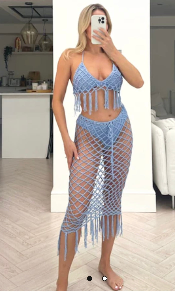 BEACH LOOK BLUE CROTCHET LONG SKIRT CO ORD