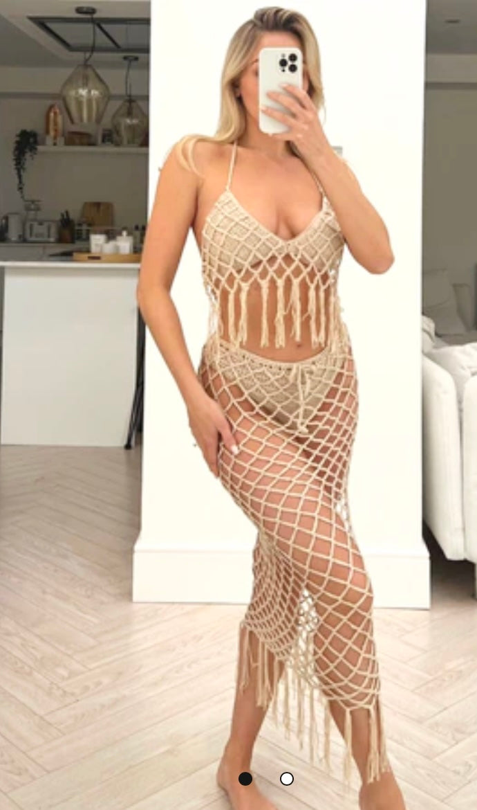 BEACH LOOK BEIGE CROTCHET LONG SKIRT CO ORD