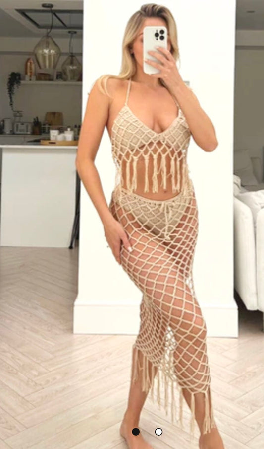 BEACH LOOK BEIGE CROTCHET LONG SKIRT CO ORD