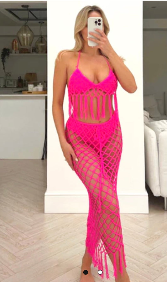 BEACH LOOK PINK CROTCHET LONG SKIRT CO ORD