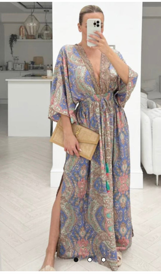 PAISLEY BLUE KAFTAN V NECK DRESS