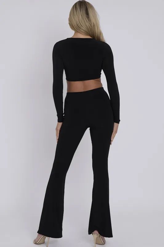 RIYA Cut Out Twist Front Crop Top & Flared Trouser Co-ord Black