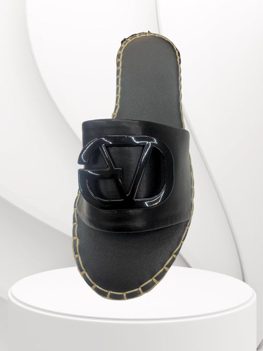 LV- Black Buckle & Wedges Sole  Pattern Sliders