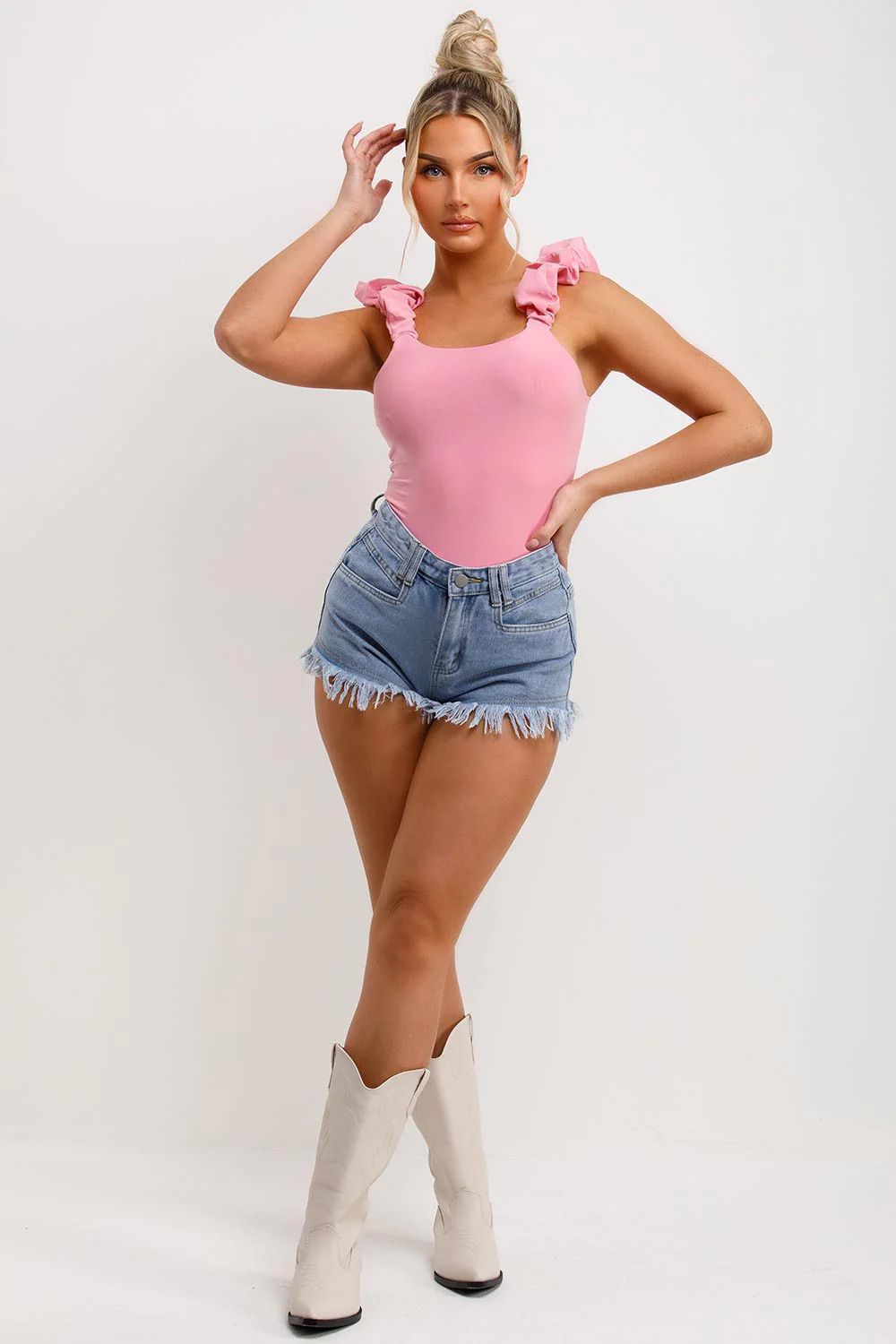 FRILL STRAP HALF SLEEVE RIBBED BODYSUIT PINK