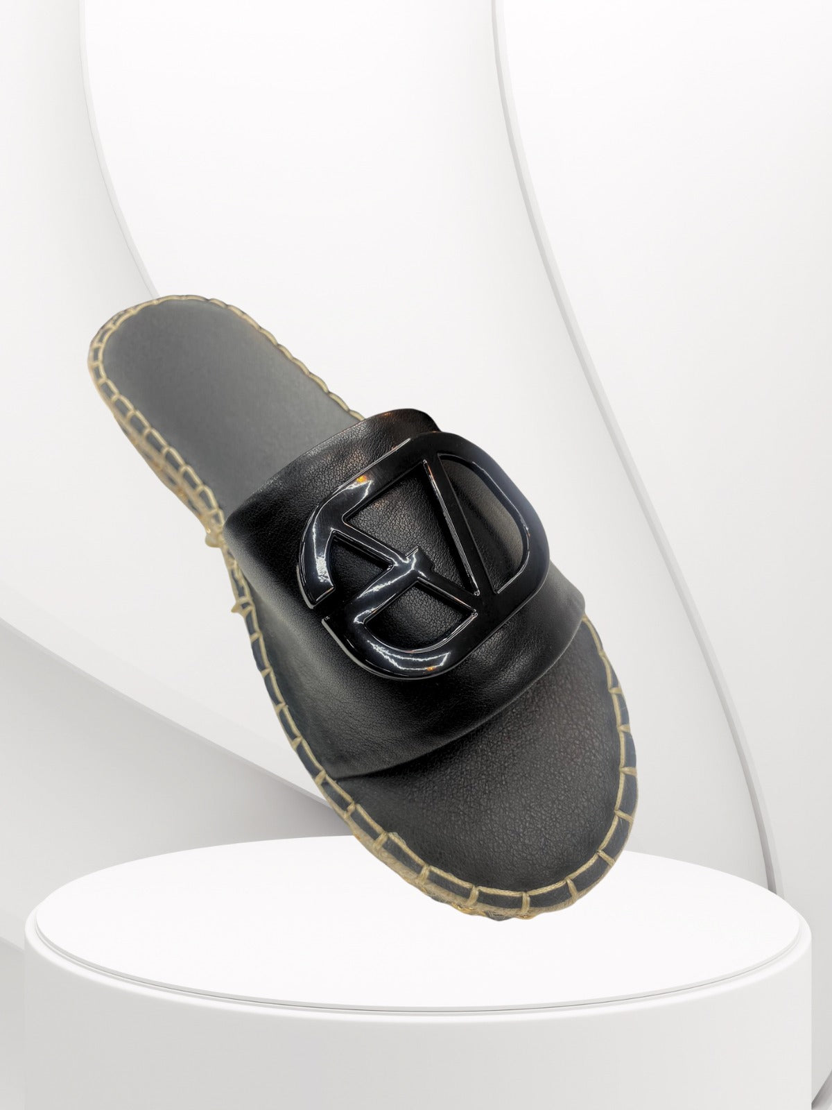 LV- Black Buckle & Wedges Sole  Pattern Sliders