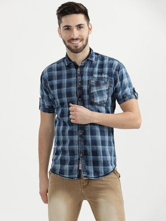 Men Half Sleeves Checked Casual Shirt (Dark Blue)