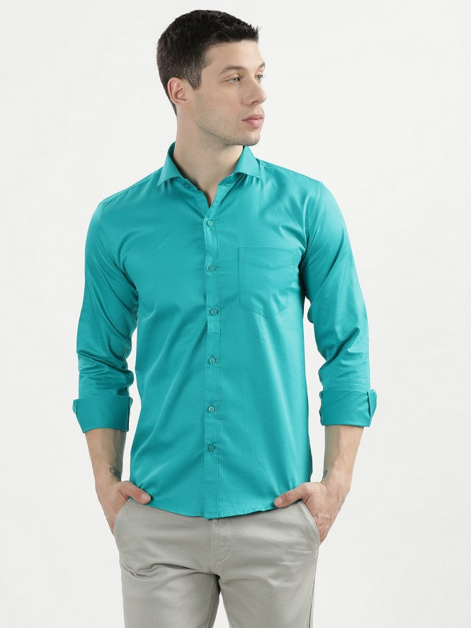 Men Full Sleeves Plain Semi Formal Shirt (Green)