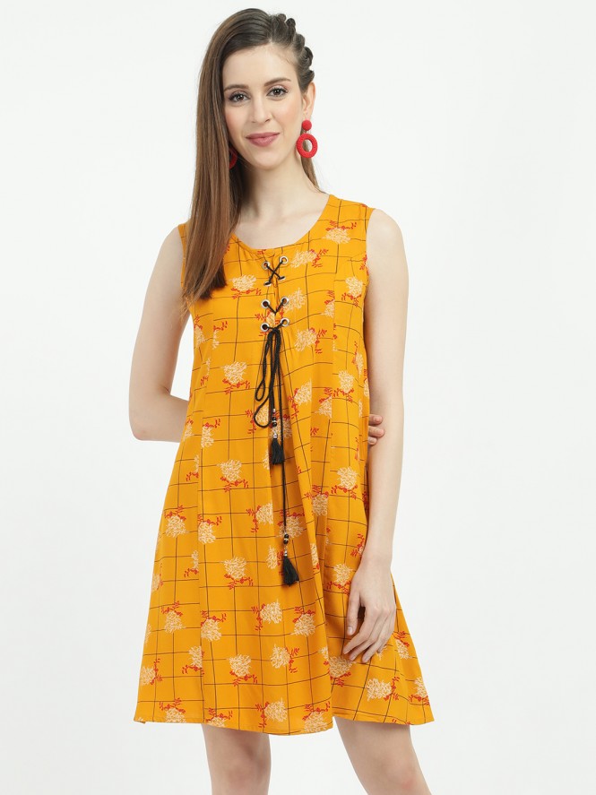 Women Half Sleeve Mid Frock (Mustard)