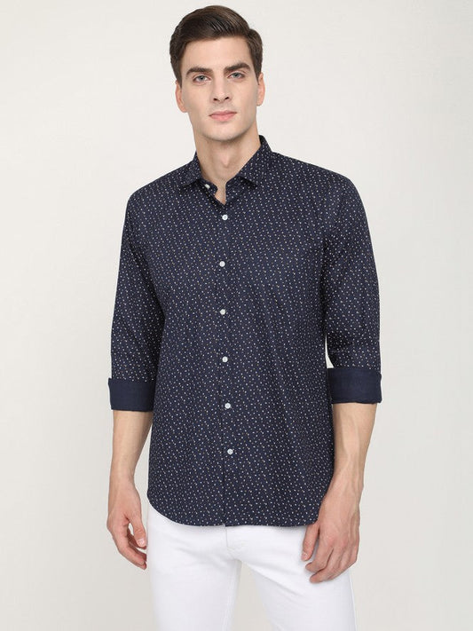 Men Full Sleeves Printed Formal Shirt (Navy Blue)